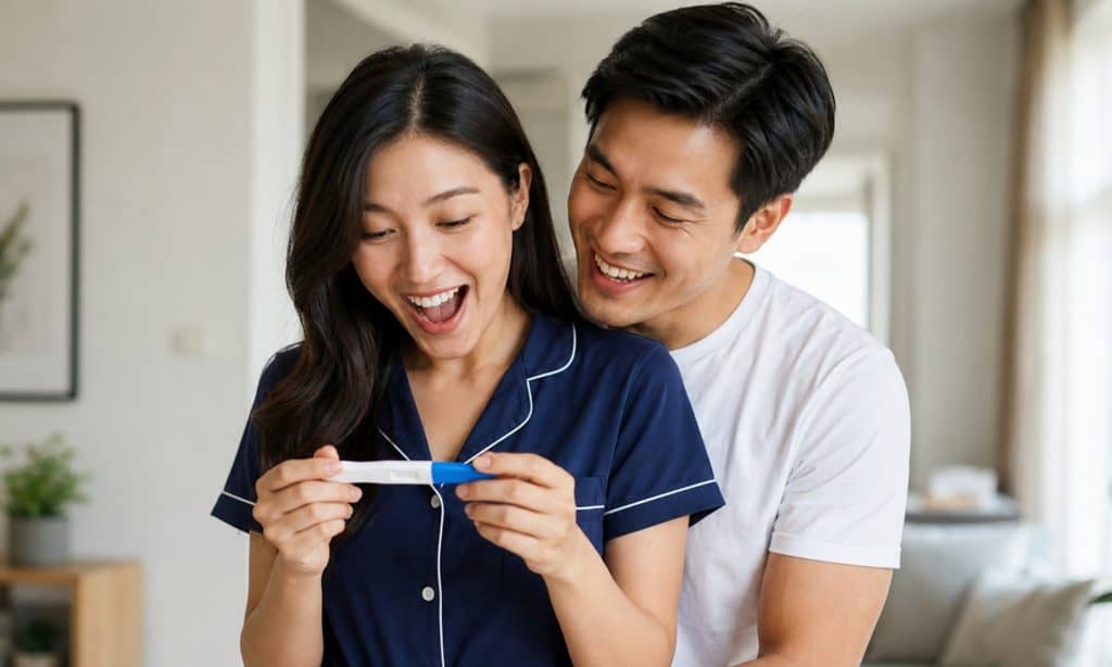 Couple looking at a positive pregnancy test together at home while discussing fertility and family planning in Malaysia.