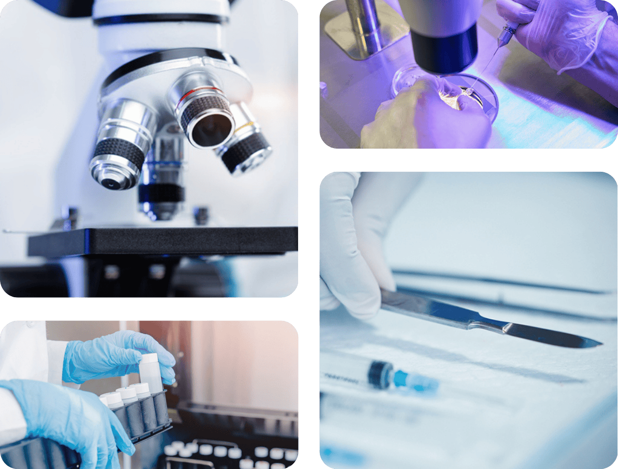 Surgical Sperm Retrieval procedure showing laboratory microscope, sample examination, and surgical instruments