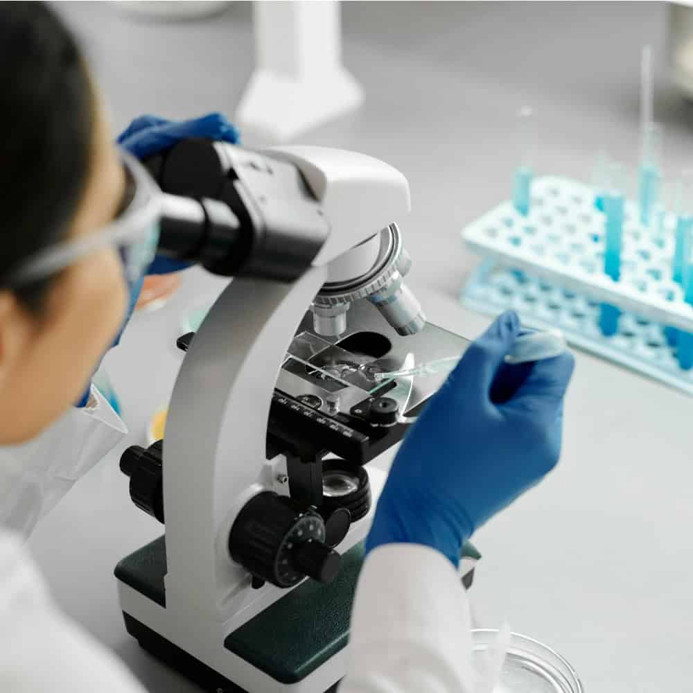 Laboratory technician examining a genetic sample under a microscope for embryo screening