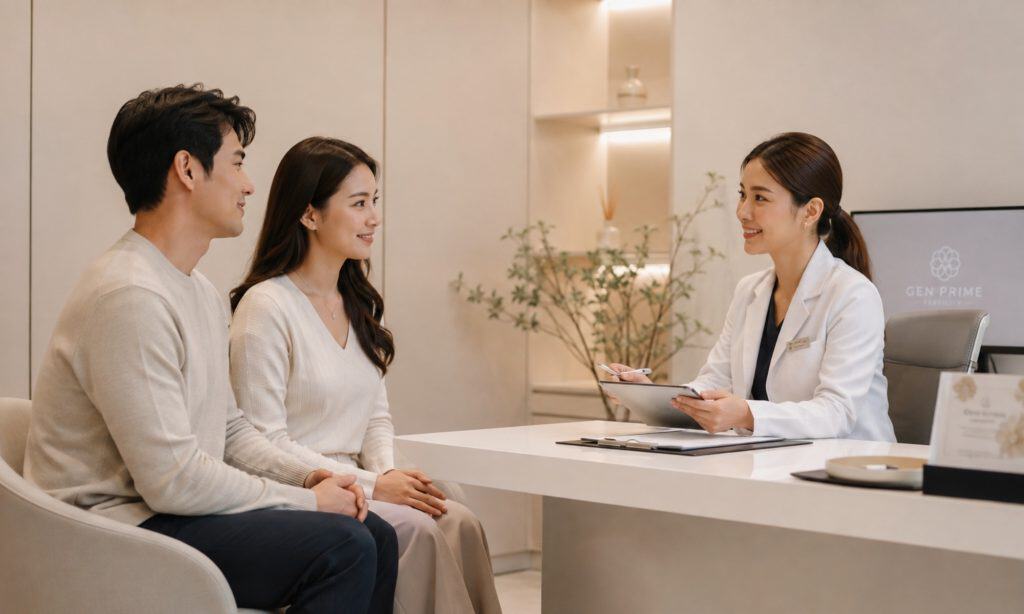 Couple discussing IVF treatment options with a fertility doctor during a consultation at GenPrime Everlink in Kuala Lumpur.