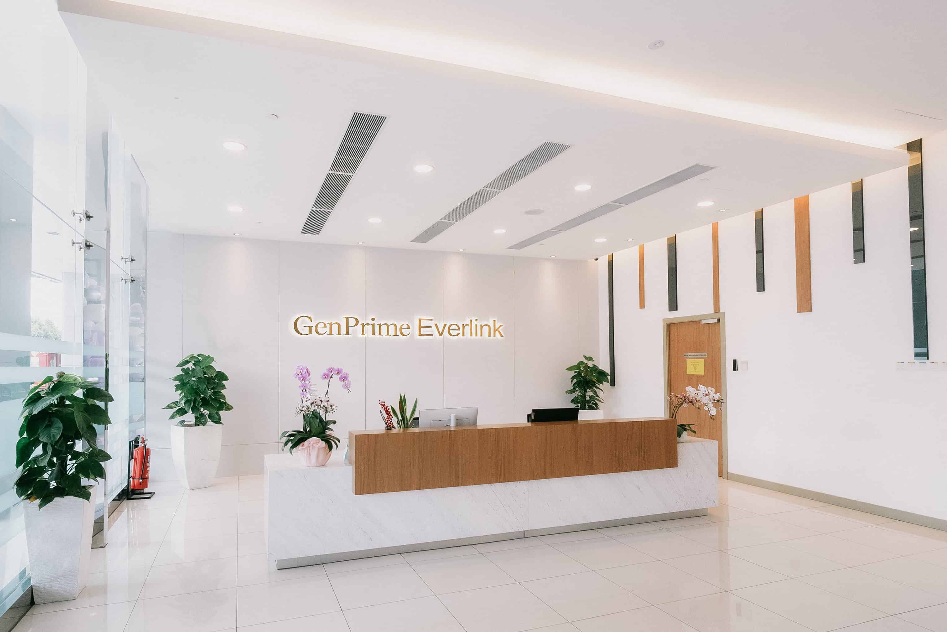 GenPrime Everlink Fertility Centre reception area with wooden front desk in Kuala Lumpur